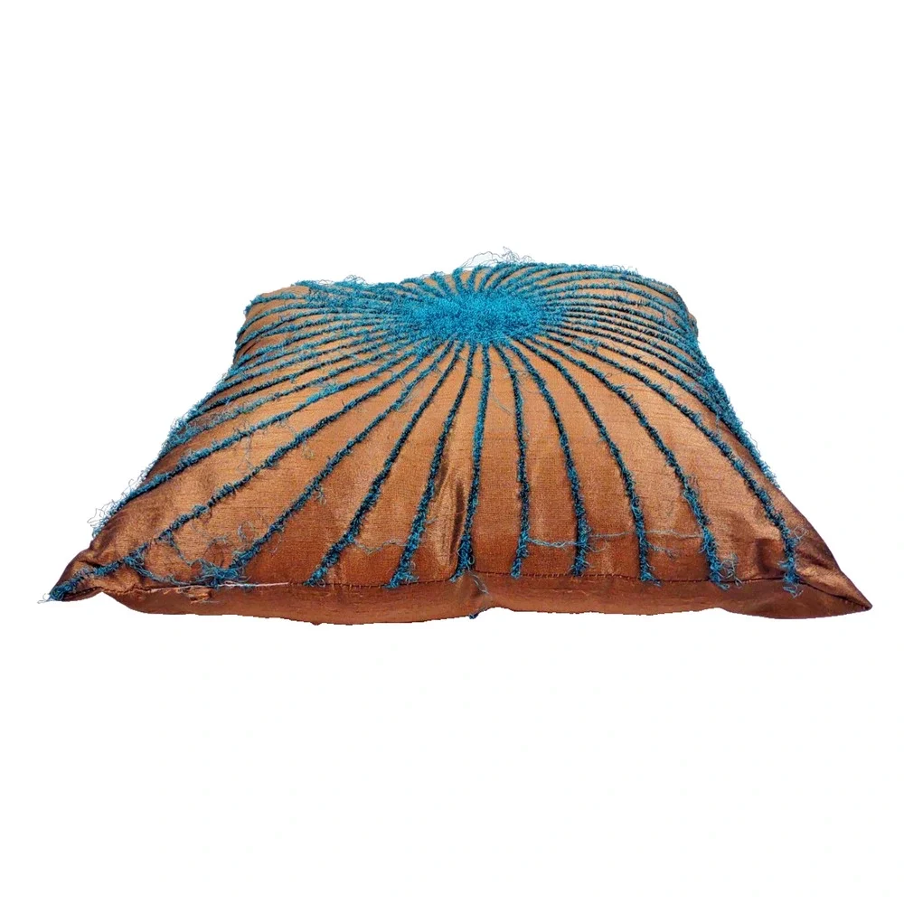 Twill Tweed Sunburst Teal and Gold Square Decorative Throw Pillow 16